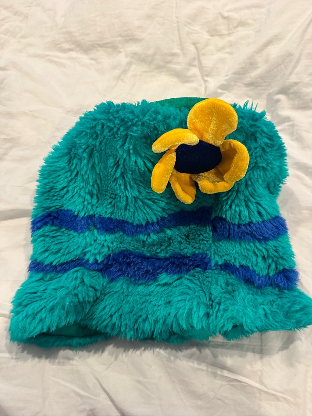 Costume Teal & Blue Fuzzy Faux Fur Hat with Yellow Flower - adjustable